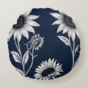 Block print blue and white Sunflowers Round Cushion