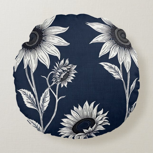 Block print blue and white Sunflowers Round Cushion (Front)