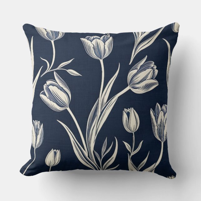 Block print blue and white tulips cushion (Front)