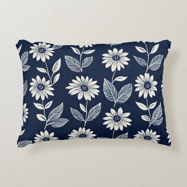 Block print  boho floral blue and white  decorative cushion (Front)