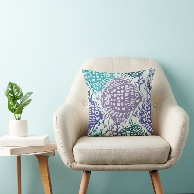 Block Print Fish And Seaweed Cushion (Chair)