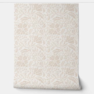 Block print floral neutral beige on white wallpaper