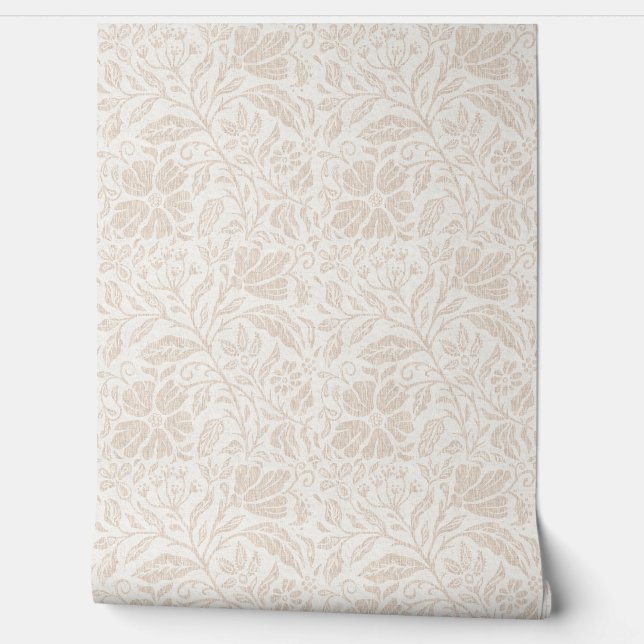 Block print floral neutral beige on white wallpaper (Unrolling)