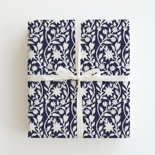 Block print inspired navy floral  wrapping paper