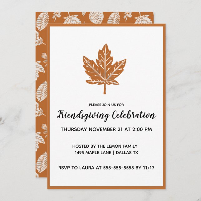 Block Print Maple Leaf Friendsgiving Invitation (Front/Back)