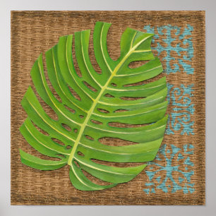 Block Print Palm on Wicker Background