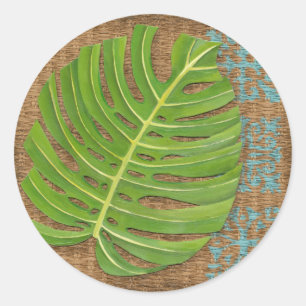 Block Print Palm on Wicker Background Classic Round Sticker