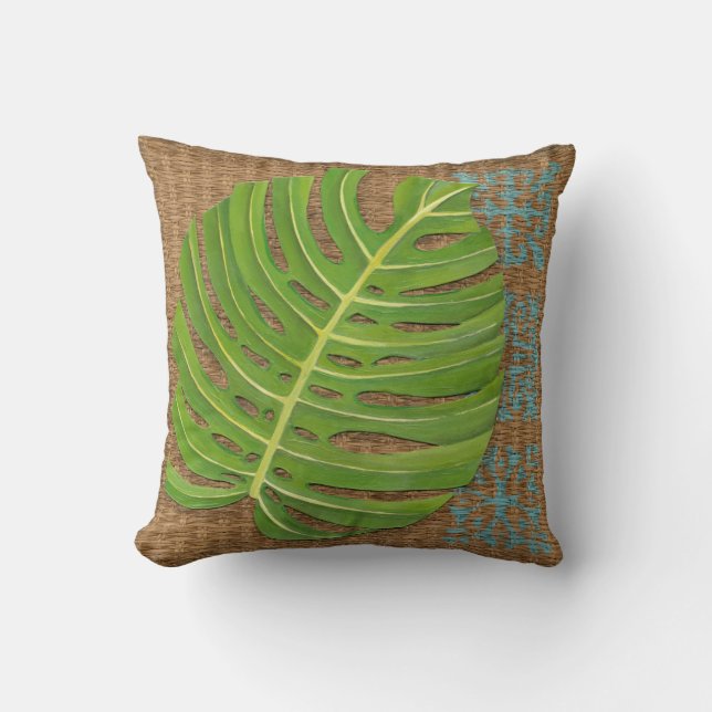 Block Print Palm on Wicker Background Cushion (Front)