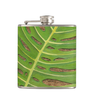 Block Print Palm on Wicker Background Hip Flask