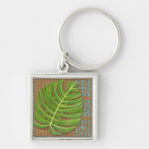 Block Print Palm on Wicker Background Key Ring