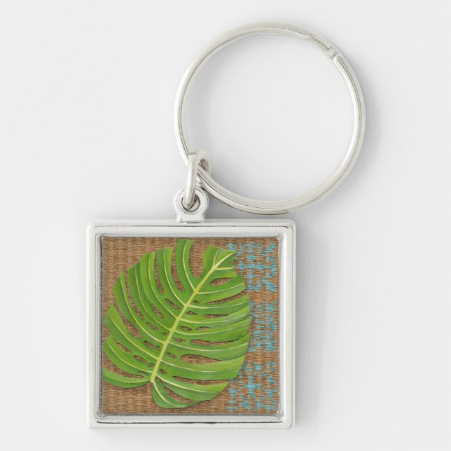 Block Print Palm on Wicker Background Key Ring (Front)