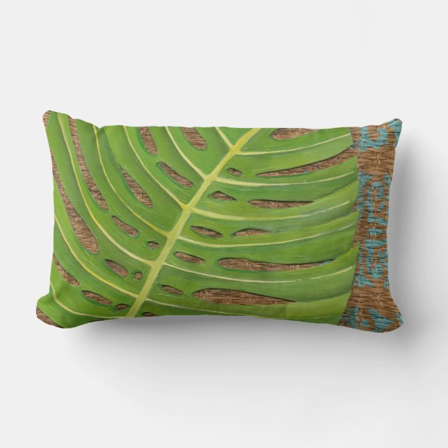Block Print Palm on Wicker Background Lumbar Cushion (Front)