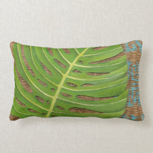 Block Print Palm on Wicker Background Lumbar Cushion