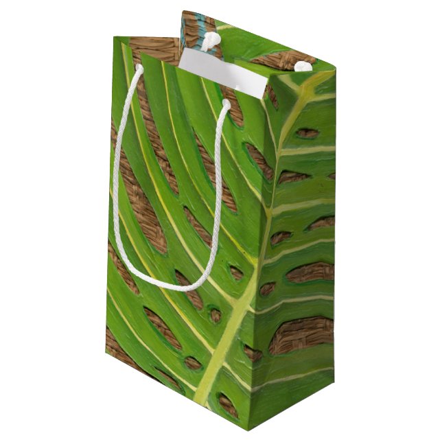 Block Print Palm on Wicker Background Small Gift Bag (Back Angled)