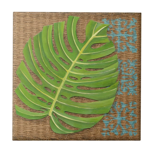 Block Print Palm on Wicker Background Tile (Front)