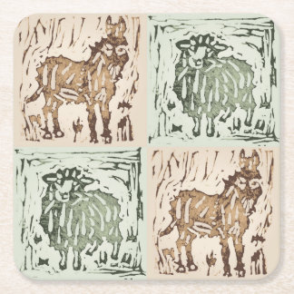 Block Print Sheep Donkey Quilt - farm animals. Square Paper Coaster