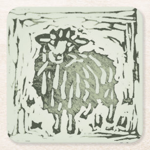 Block Print Sheep Donkey Quilt - green sheep. Square Paper Coaster