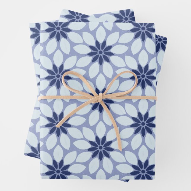 Block Print Tiled Flowers blue Wrapping Paper Sheet (In situ)