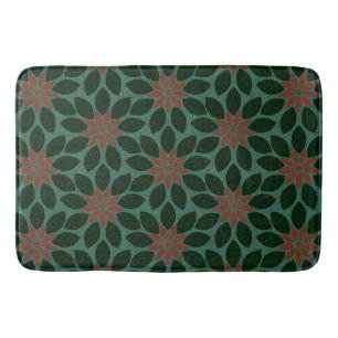 Block Print Tiled Flowers dark green red Bath Mat