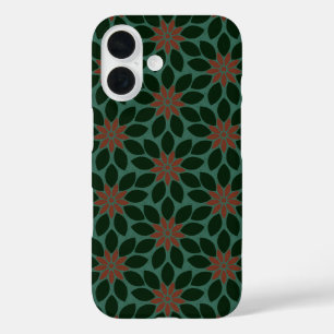 Block Print Tiled Flowers dark green red iPhone 16 Case