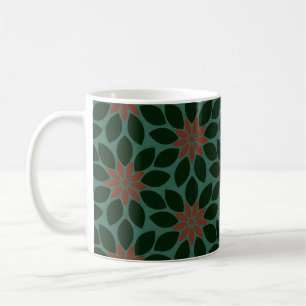 Block Print Tiled Flowers dark green red Coffee Mug