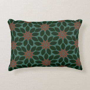 Block Print Tiled Flowers dark green red Decorative Cushion