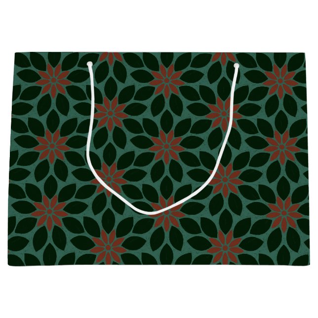 Block Print Tiled Flowers dark green red Large Gift Bag (Front)