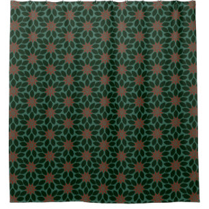 Block Print Tiled Flowers dark green red Shower Curtain