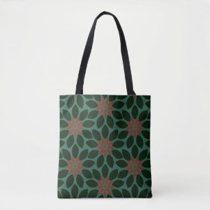 Block Print Tiled Flowers dark green red Tote Bag