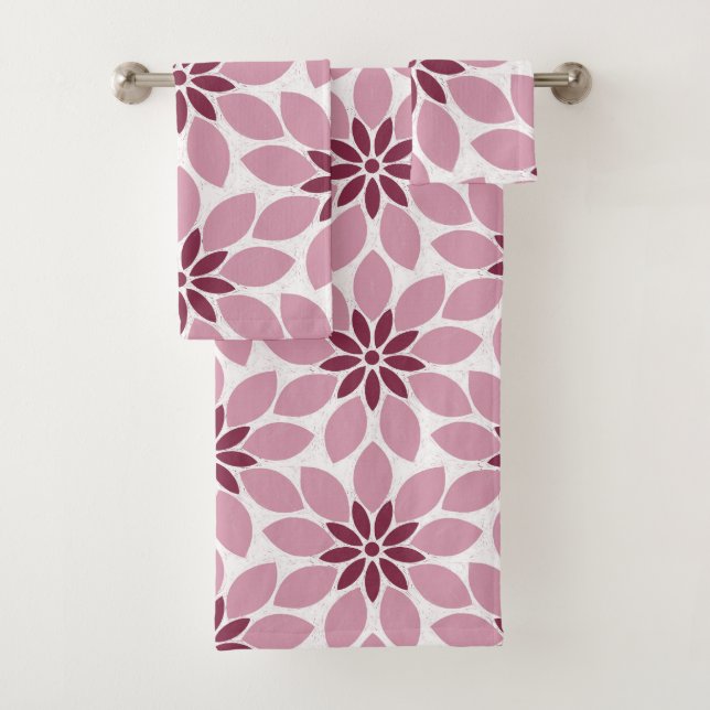 Block Print Tiled Flowers pink red Bath Towel Set (Insitu)