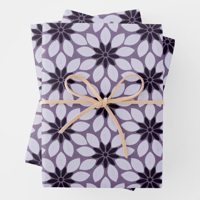 Block Print Tiled Flowers purple blue pink Wrapping Paper Sheet (In situ)