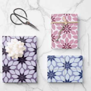 Block Print Tiled Flowers purple blue pink Wrapping Paper Sheet