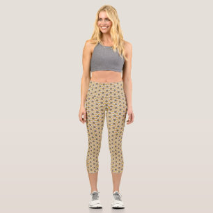 Block Print Tiled Flowers sunny yellow background Capri Leggings