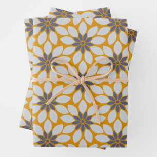 Block Print Tiled Flowers sunny yellow background Wrapping Paper Sheet
