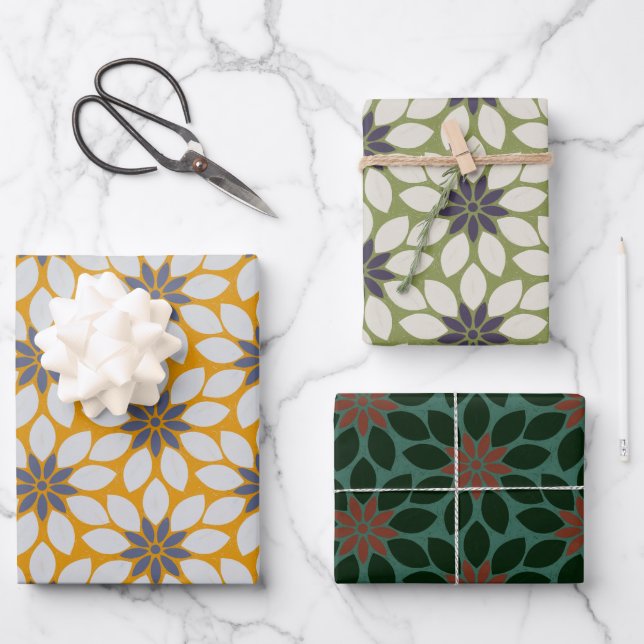 Block Print Tiled Flowers yellow green assorted Wrapping Paper Sheet (Front)