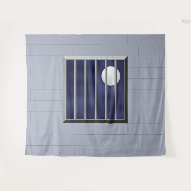 Block Wall Metal Bars Full Moon Backdrop Halloween Tapestry (Front (Horizontal))