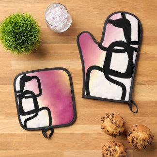 Blockchain: Abstract Pink, Yellow, Black & White Oven Mitt & Pot Holder Set