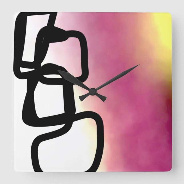 Blockchain: Abstract Pink, Yellow, Black & White Square Wall Clock (Front)