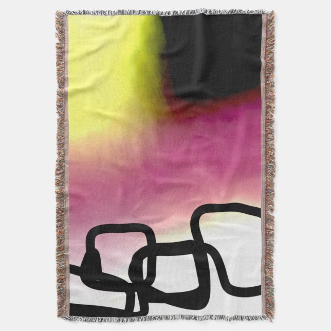 Blockchain: Abstract Pink, Yellow, Black & White Throw Blanket (Front Vertical)
