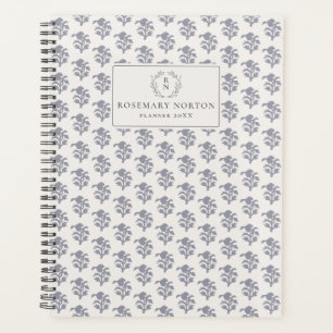 Blockprint inspired blue floral  planner