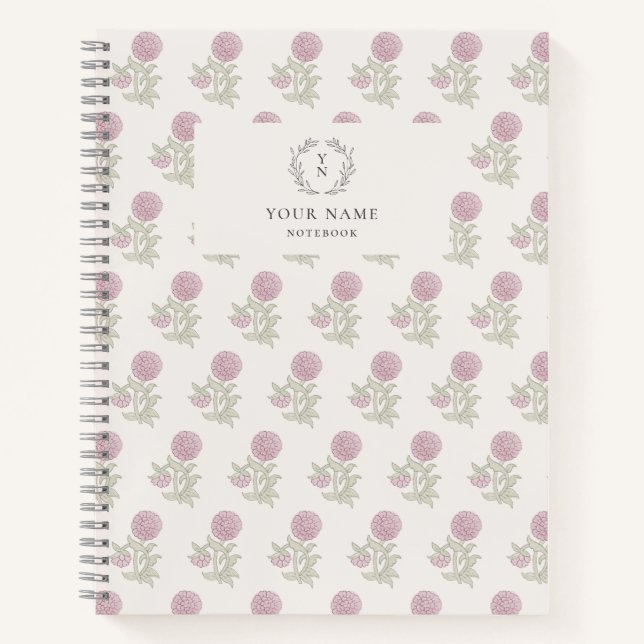 Blockprint inspired pink floral  notebook (Front)