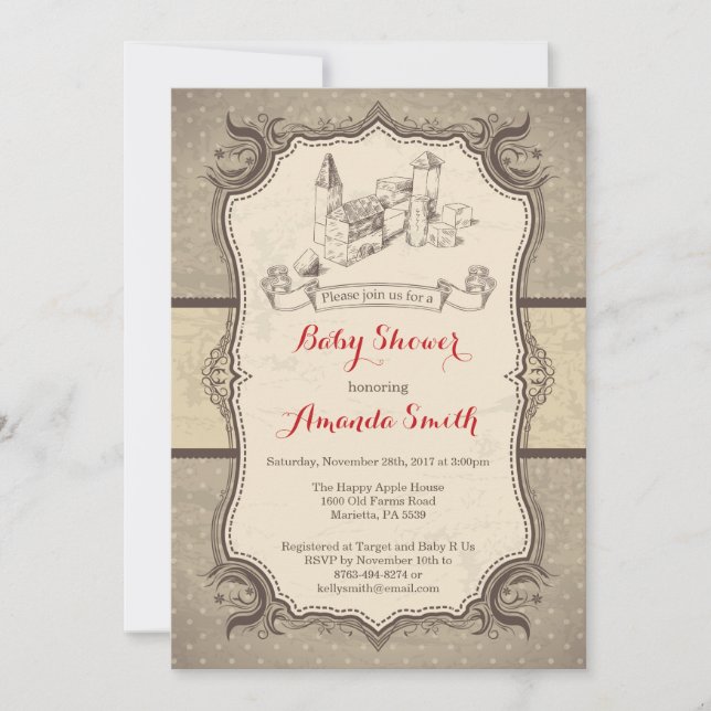 Blocks Baby Shower Invitation Vintage Retro (Front)