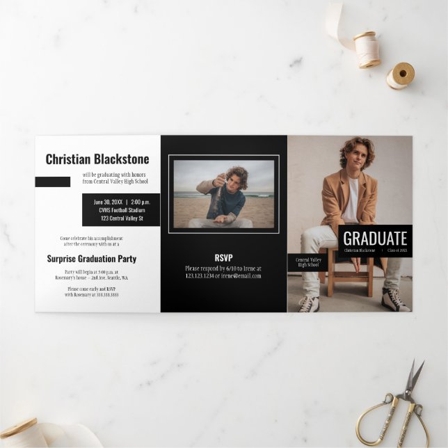 Blocks of Black Four-Photo Graduation Tri-Fold Inv Invitation (Outside)