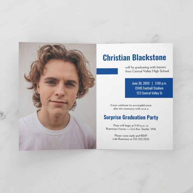 Blocks of Blue Three-Photo Graduation Invitation (Inside)