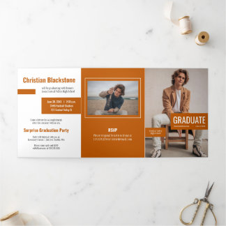 Blocks of Burnt Orange Four-Photo Graduation Tri-Fold Invitation