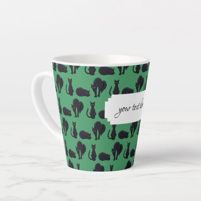 Blocky Black Cats Halloween Pixel Art Pattern Latte Mug (Left Angle)