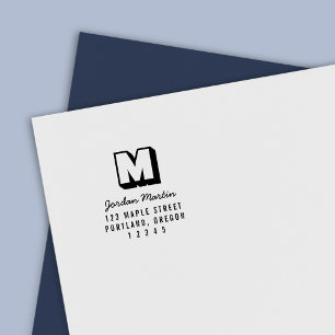 Blocky Monogram and Script Name Return Address Self-inking Stamp