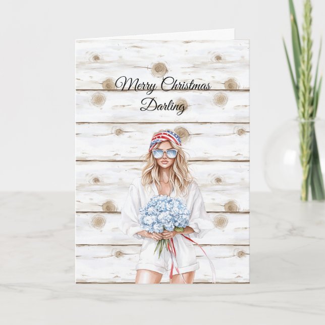 Blond Blue Flowers Christmas Card (Front)