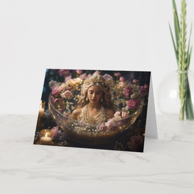 Blond Desire Faery in Crystal Bowl Pearls Jewels Note Card (Front)