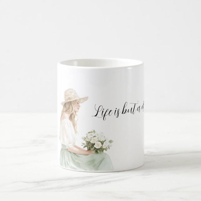 Blond Female Mint Skirt White Roses Life is Dream Coffee Mug (Center)